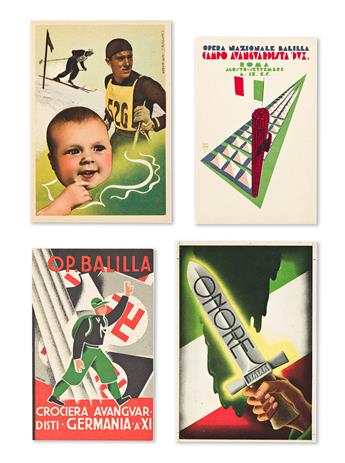 VARIOUS ARTISTS.  [ITALIAN FASCIST PROPAGANDA]. Group of 58 postcards & ephemera. Sizes vary, generally 5½x3½ inches, 14x7½ cm.